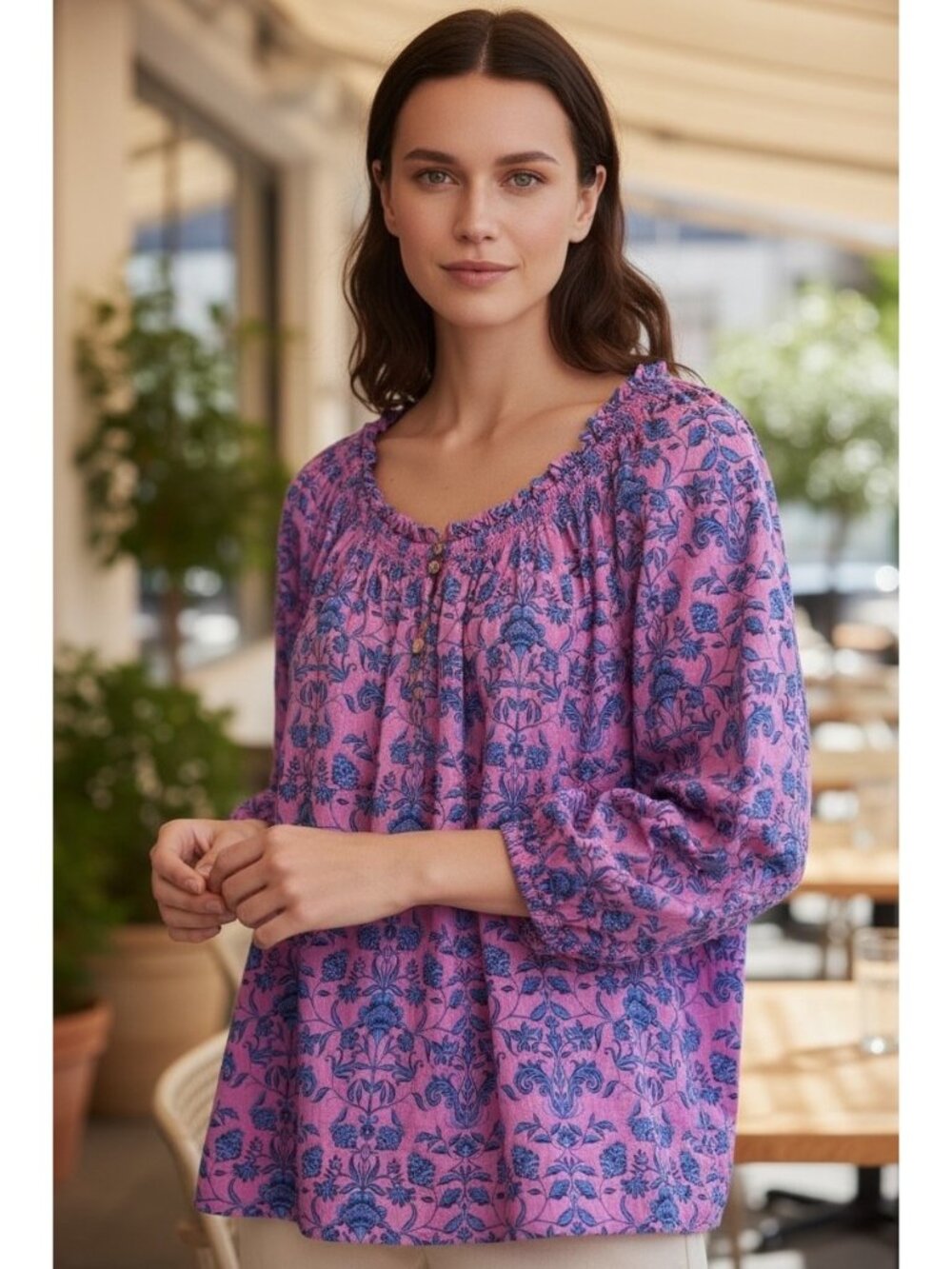 J.Jill Pink Blue Floral Peasant Blouse Cotton Oversized Boho Cottagecore XL - Picture 1 of 5
